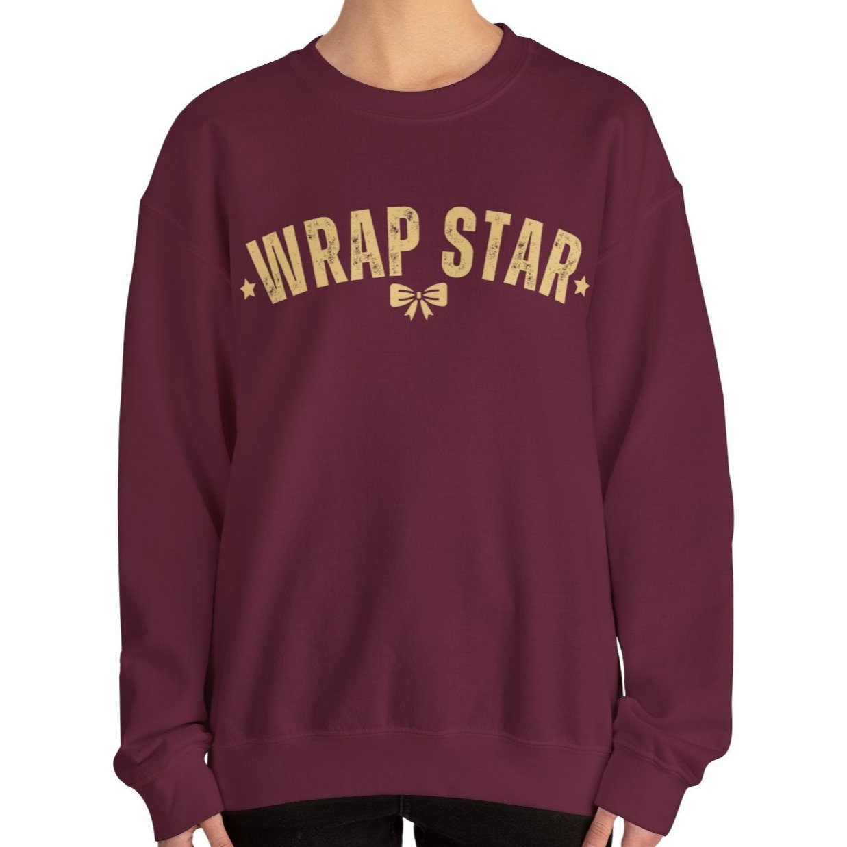 Women's Heavy Sweatshirt – "Wrap Star" Fun Holiday Gift Wrapping Graphic Sweatshirt