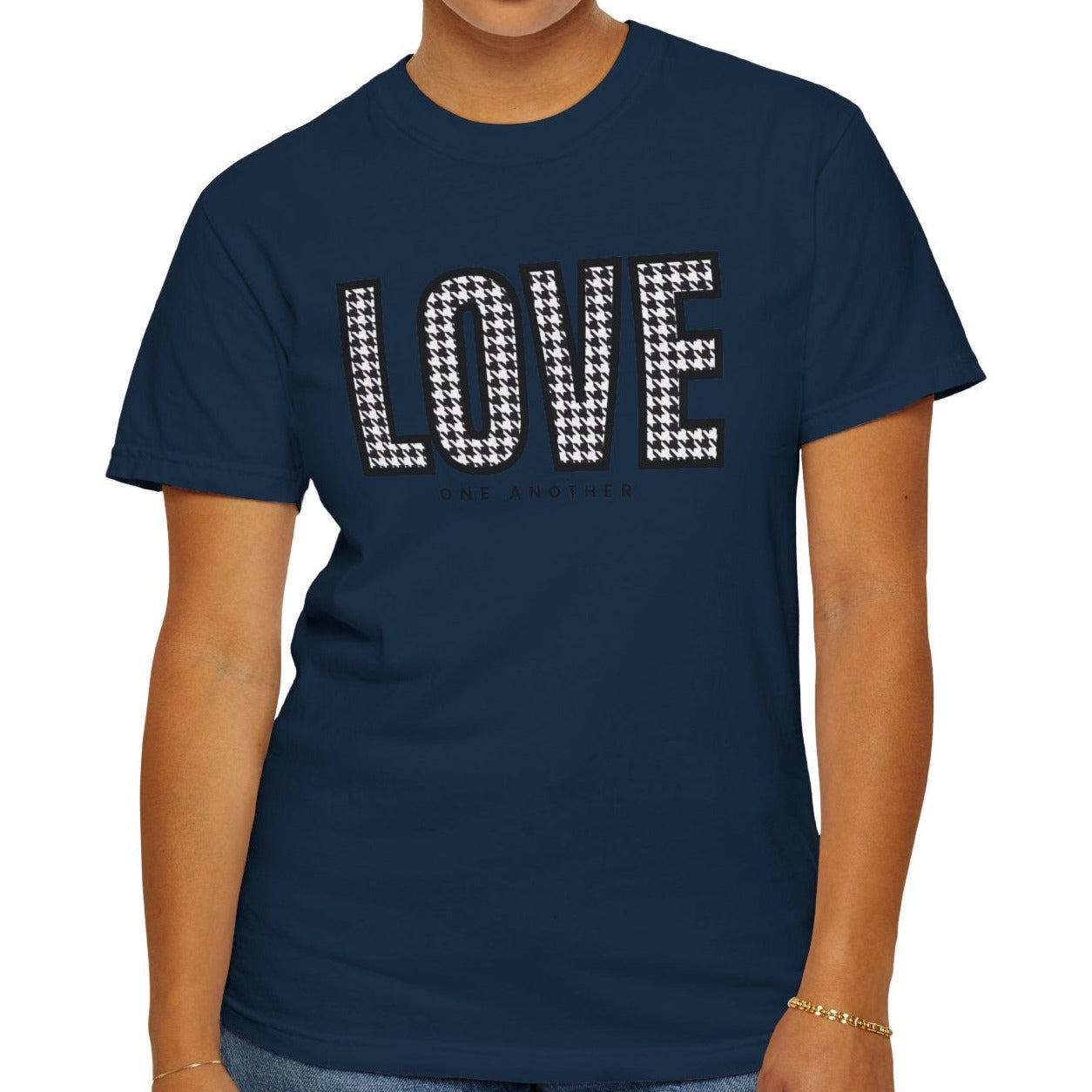 Love One Another Houndstooth Women's Comfort Colors Tee: Cozy Style with Inspirational Charm - Eddy and Rita