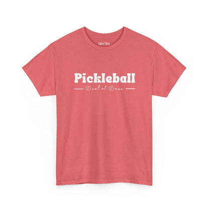 Eddy and Rita Women's Heavy Cotton T-Shirt - "Pickleball Duel at Dawn" Graphic Tee for Pickleball Enthusiasts