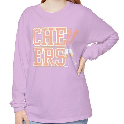 Comfort Colors Women's Cheers Long Sleeve Tee with Champagne Glasses Design - Eddy and Rita