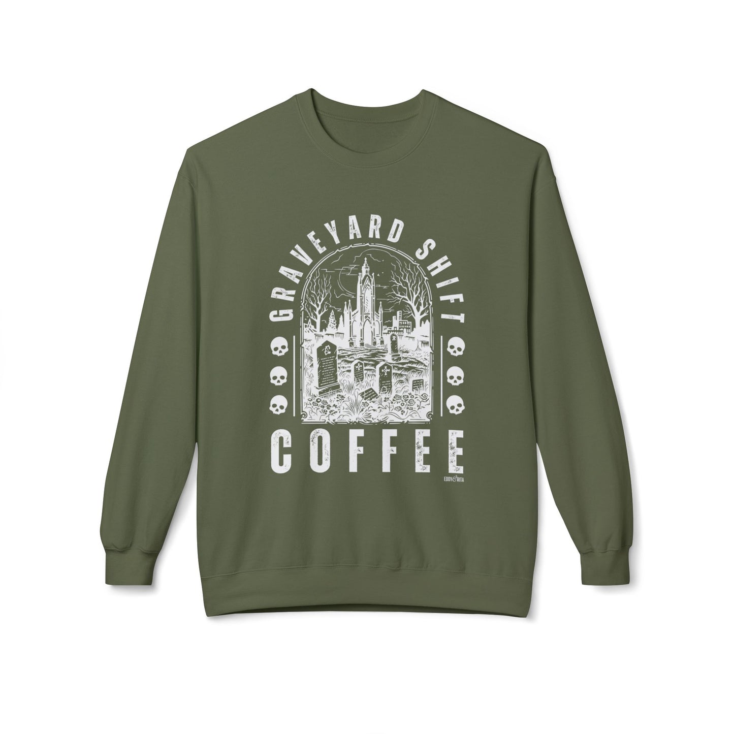 Eddy and Rita Women's Midweight Crewneck Sweatshirt - "Graveyard Shift Coffee" Halloween Graphic Pullover