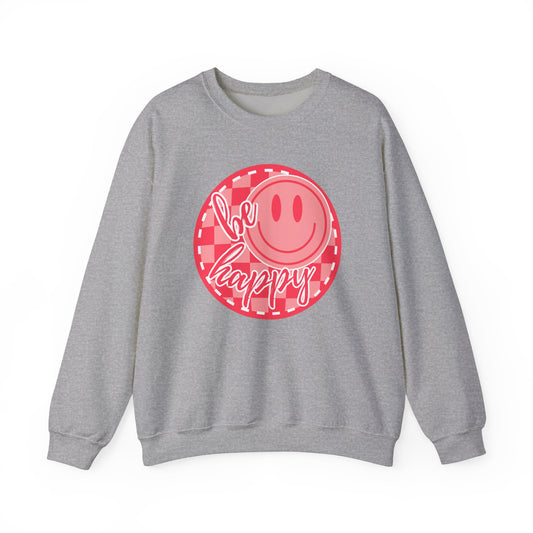 Pink Checkered Design Be Happy Women's Heavy Sweatshirt