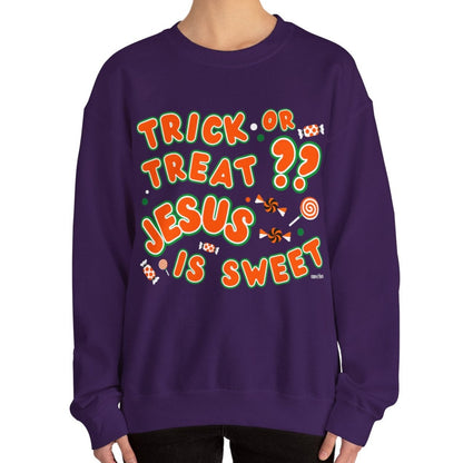 Eddy and Rita Women's Heavy Crewneck Sweatshirt - "Trick or Treat?? Jesus is Sweet" Halloween Graphic Pullover