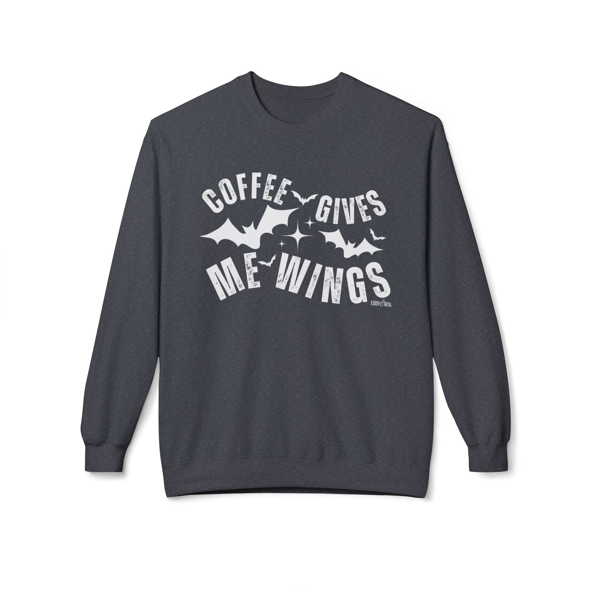 Eddy and Rita Women's Midweight Crewneck Sweatshirt - "Coffee Gives Me Wings" Halloween Bat Graphic Pullover