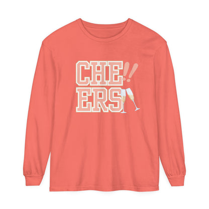 Comfort Colors Women's Cheers Long Sleeve Tee with Champagne Glasses Design - Eddy and Rita