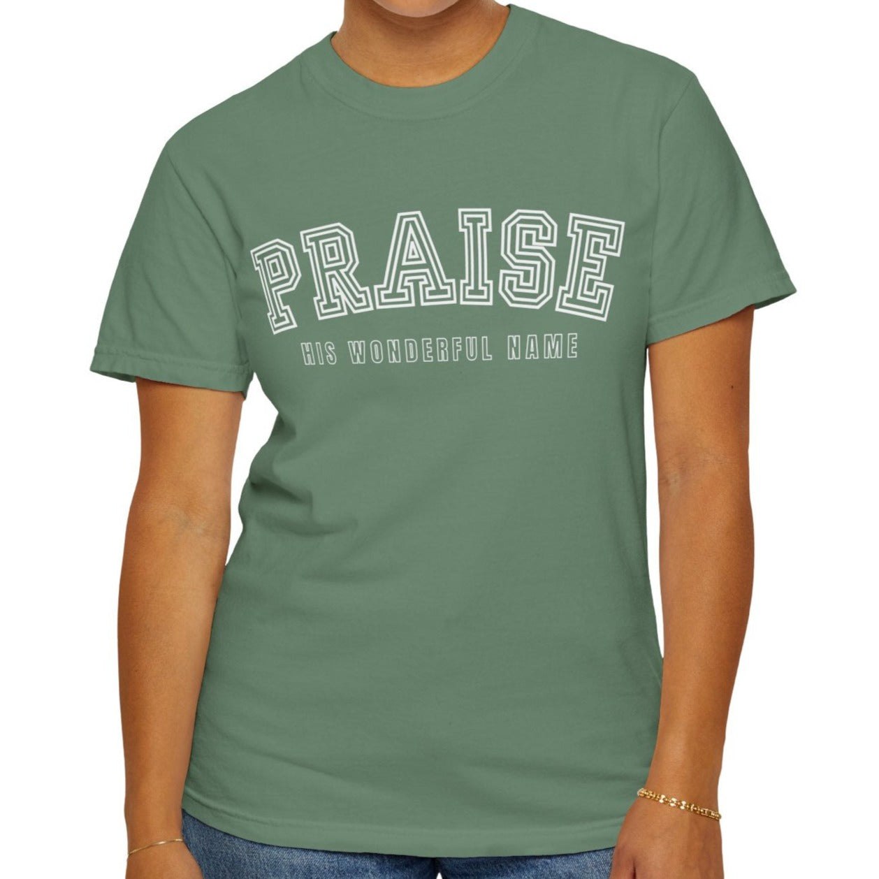 Eddy and Rita Women's Comfort Colors T-Shirt - "Praise His Wonderful Name" Soft Cotton Christian Graphic Tee