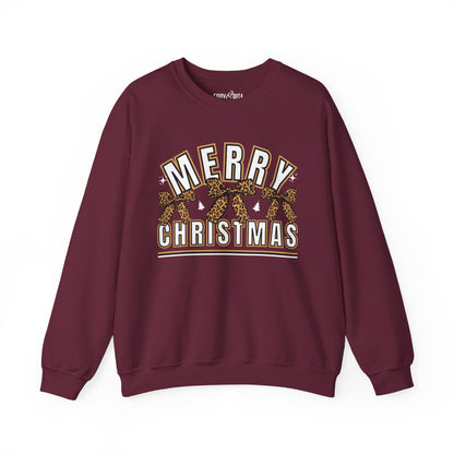 Women’s Heavy Sweatshirt – “Merry Christmas” with Leopard Print Bows | Cozy and Stylish Holiday Apparel