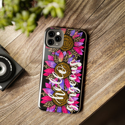 Hello Gorgeous Pink Purple Leopard Sunflowers iPhone Case - Stylish Floral Protective Cover