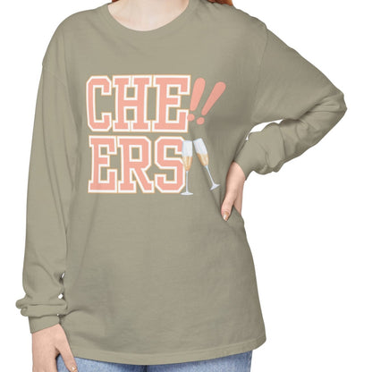 Comfort Colors Women's Cheers Long Sleeve Tee with Champagne Glasses Design - Eddy and Rita