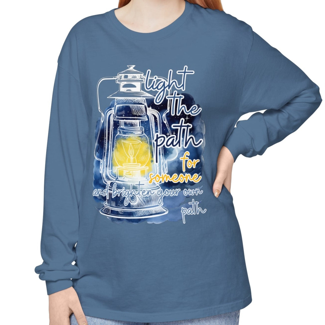 Women's Comfort Colors Long Sleeve Tee: 'Light the Path for Someone and Brighten Your Own Path' Inspirational Statement Shirt - Eddy and Rita