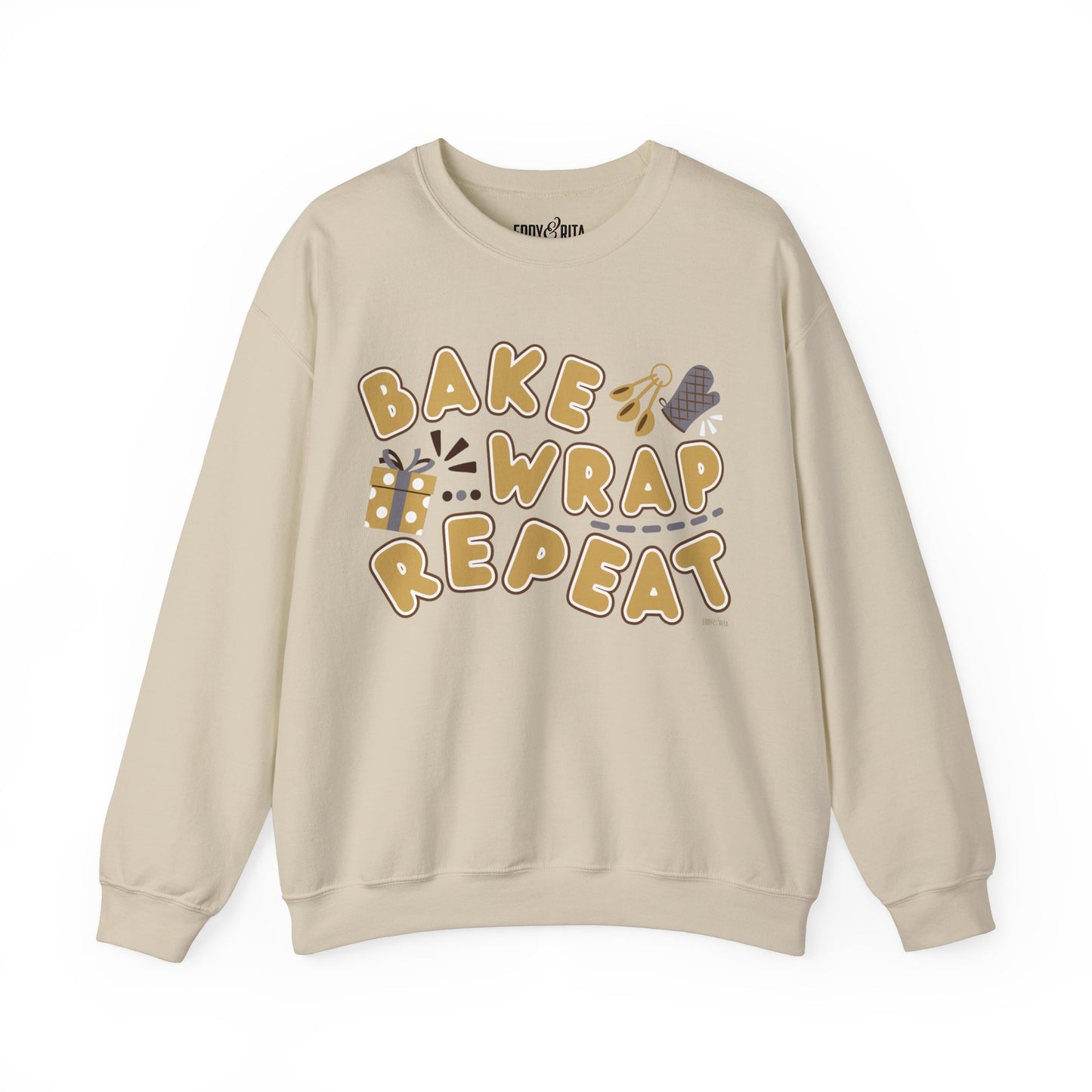 Women's Heavy Sweatshirt – "Bake Wrap Repeat" Fun Holiday Baking and Wrapping Graphic Sweatshirt