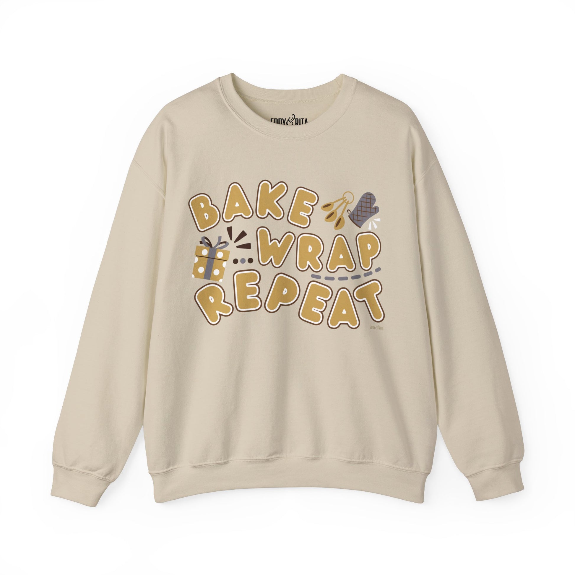 Women's Heavy Sweatshirt – "Bake Wrap Repeat" Fun Holiday Baking and Wrapping Graphic Sweatshirt