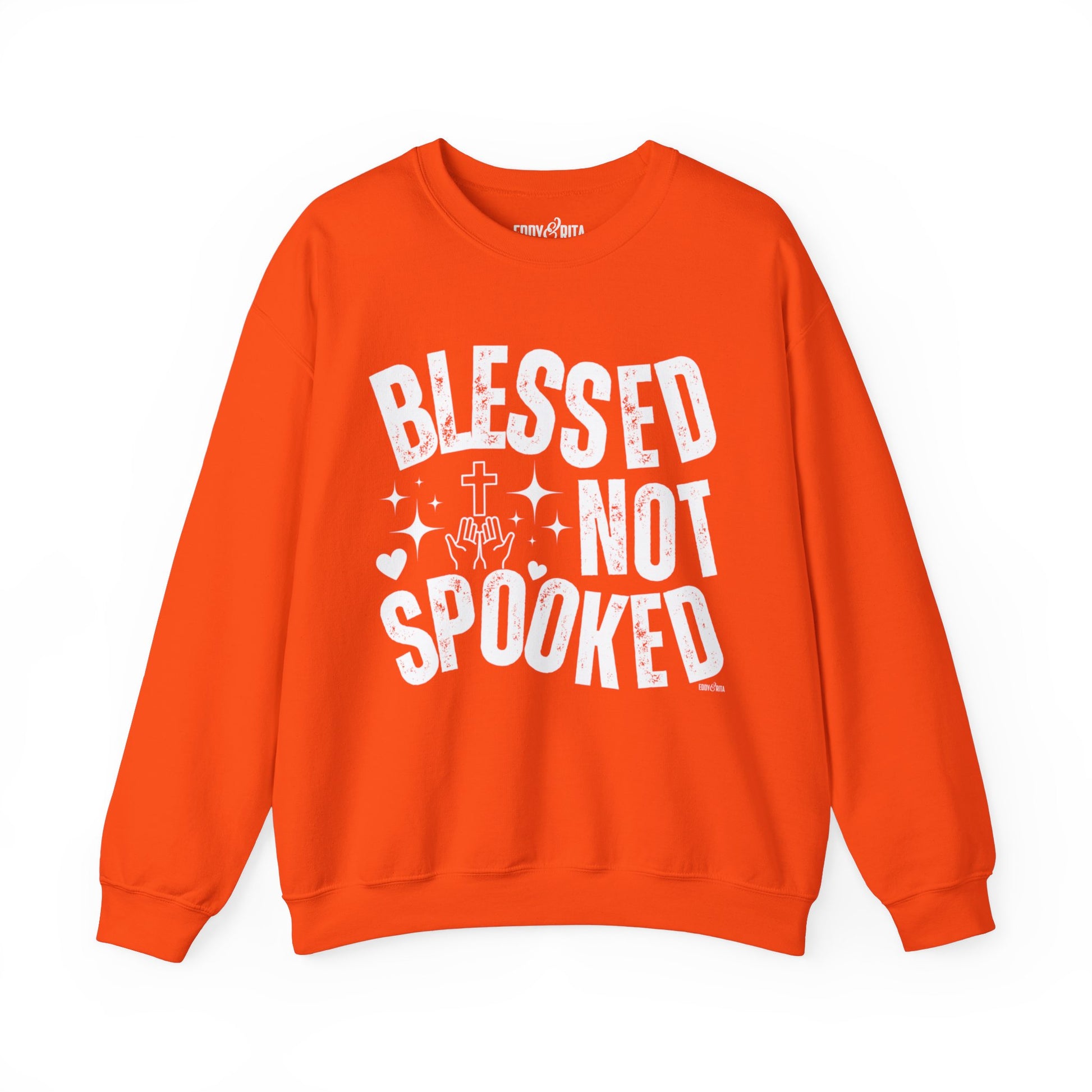 Eddy and Rita Women's Heavy Crewneck Sweatshirt - "Blessed Not Spooked" Christian Halloween Graphic Pullover