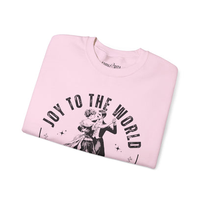 Women’s Heavy Sweatshirt – “Joy to the World” with Dancing Vintage Couple | Cozy and Charming Holiday Apparel