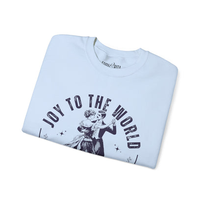 Women’s Heavy Sweatshirt – “Joy to the World” with Dancing Vintage Couple | Cozy and Charming Holiday Apparel