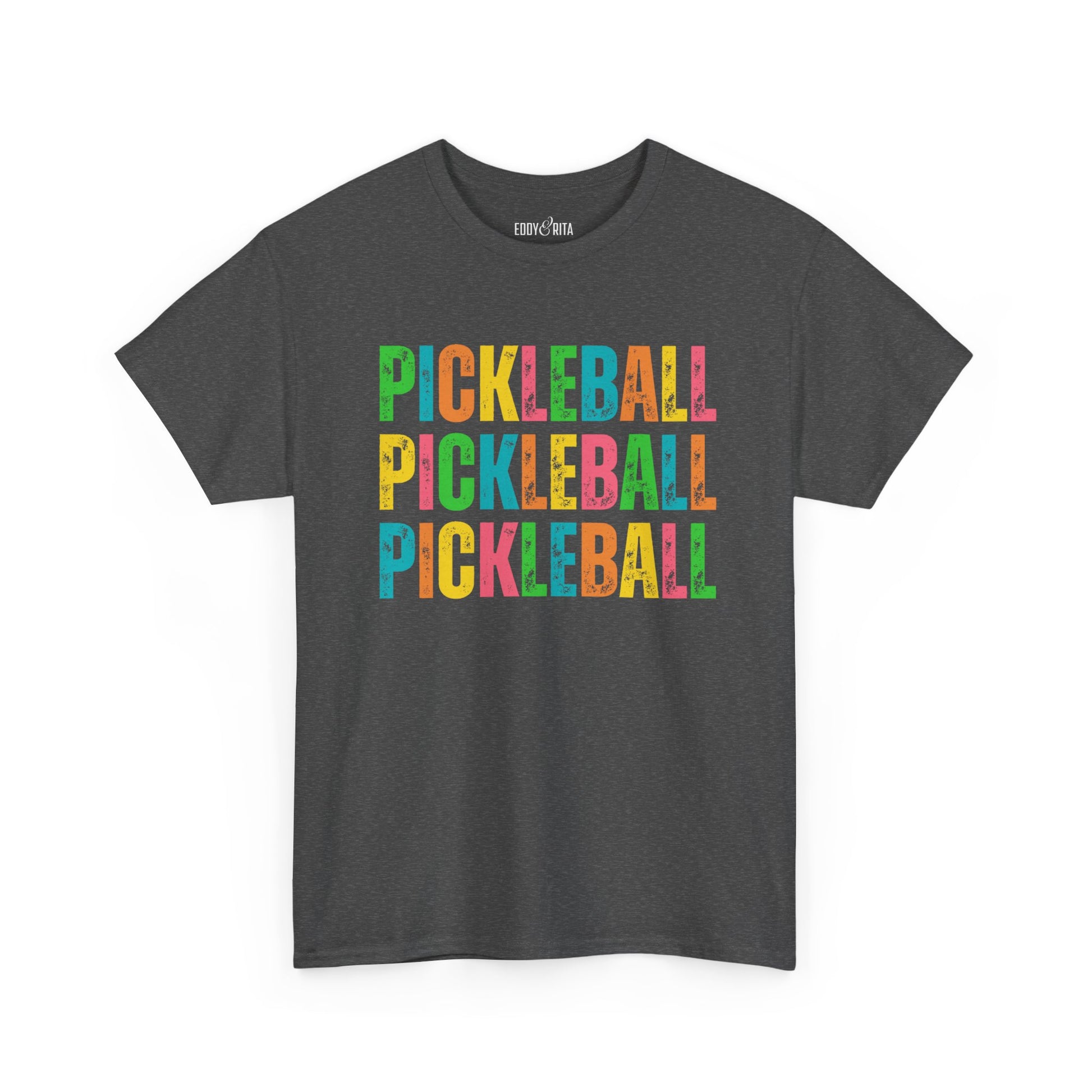 Eddy and Rita Women's Heavy Cotton T-Shirt - "Pickleball Pickleball Pickleball" Colorful Graphic Tee for Pickleball Enthusiasts