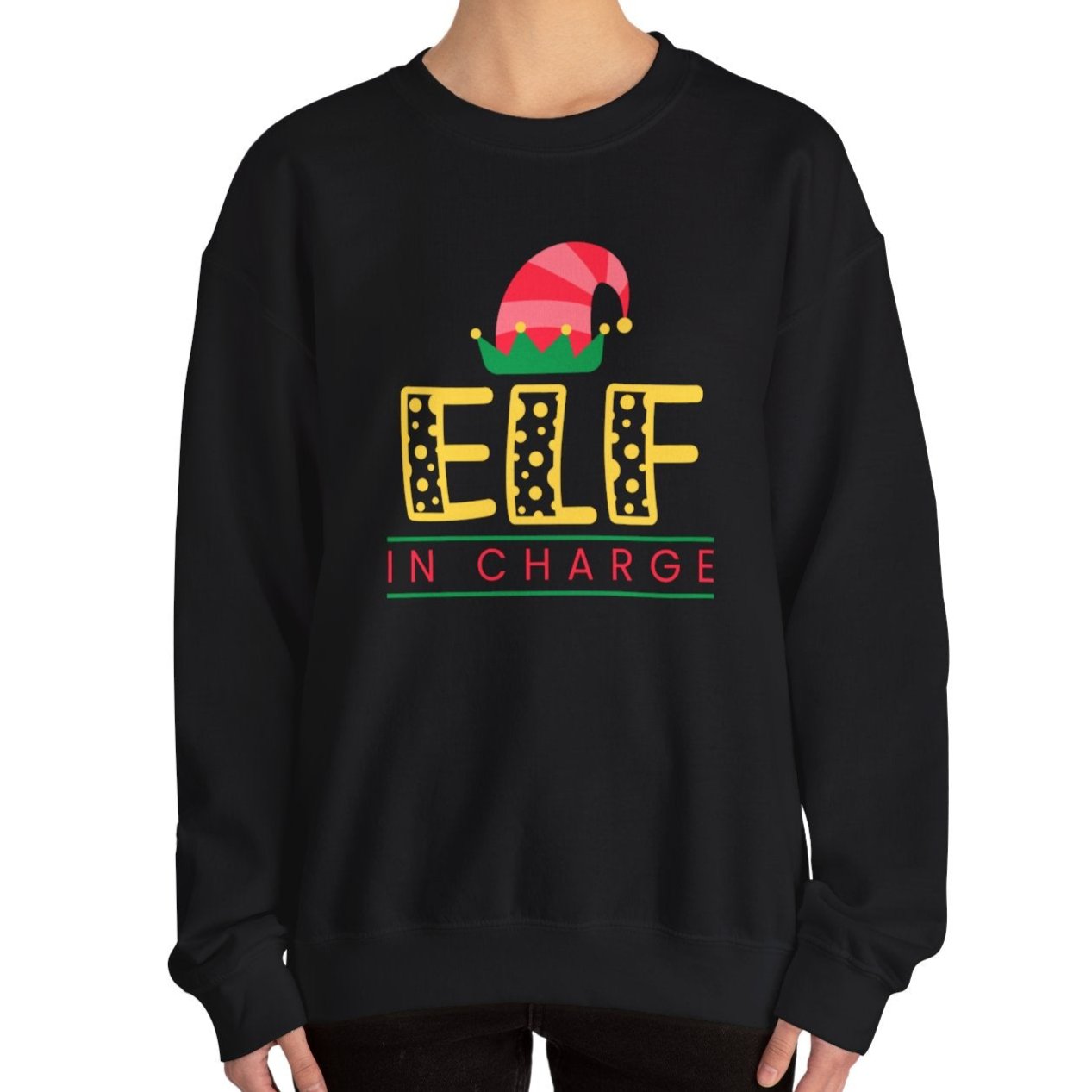 Women's Heavy Sweatshirt – "Elf In Charge" Fun Christmas Graphic Sweatshirt