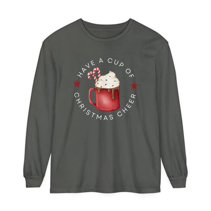 Women's Comfort Colors Long Sleeve Tee: 'Have a Cup of Christmas Cheer' - Eddy and Rita