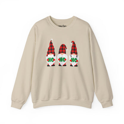 Ho Ho Ho with Three Red and Black Checked Gnomes Women's Sweatshirt - Festive Holiday Fashion