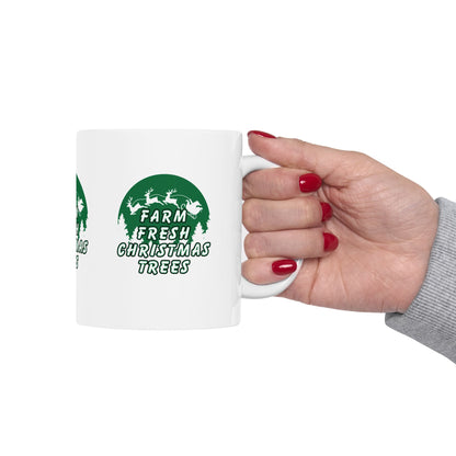 11 oz Ceramic Mug – “Farm Fresh Christmas Trees” Design | Festive and Rustic Holiday Coffee Cup