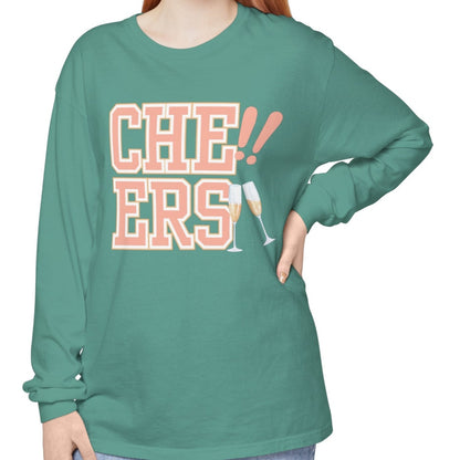 Comfort Colors Women's Cheers Long Sleeve Tee with Champagne Glasses Design - Eddy and Rita