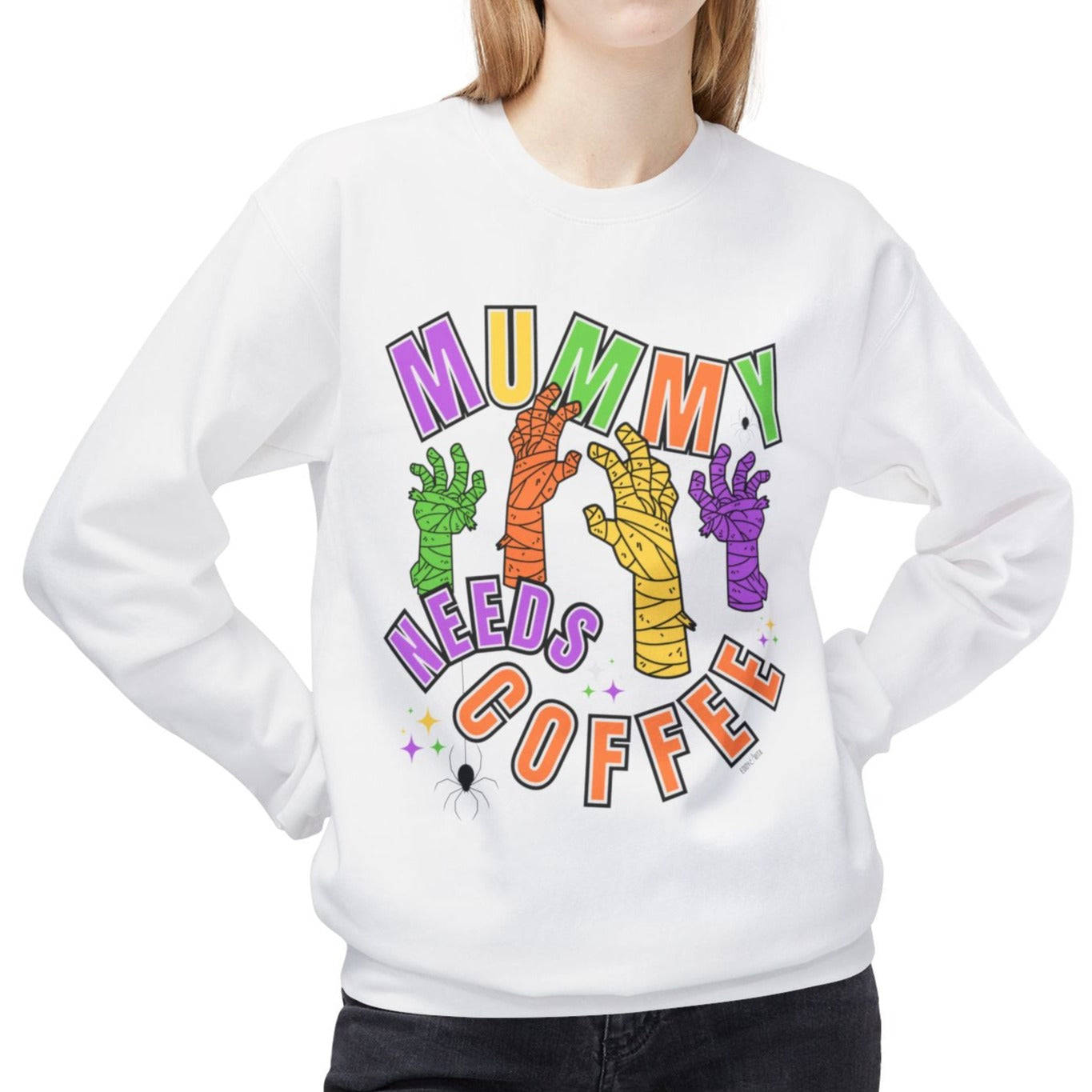 Eddy and Rita Women's Midweight Crewneck Sweatshirt - "Mummy Needs Coffee" Halloween Mummy Hands Graphic Pullover