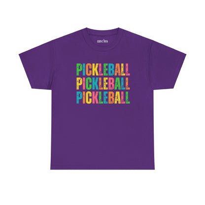 Eddy and Rita Women's Heavy Cotton T-Shirt - "Pickleball Pickleball Pickleball" Colorful Graphic Tee for Pickleball Enthusiasts