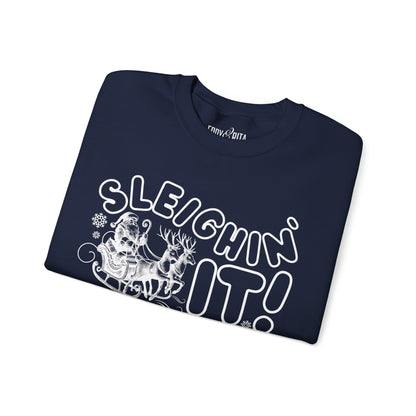 Women's Heavy Sweatshirt – "Sleighin It" Fun and Festive Christmas Graphic Sweatshirt