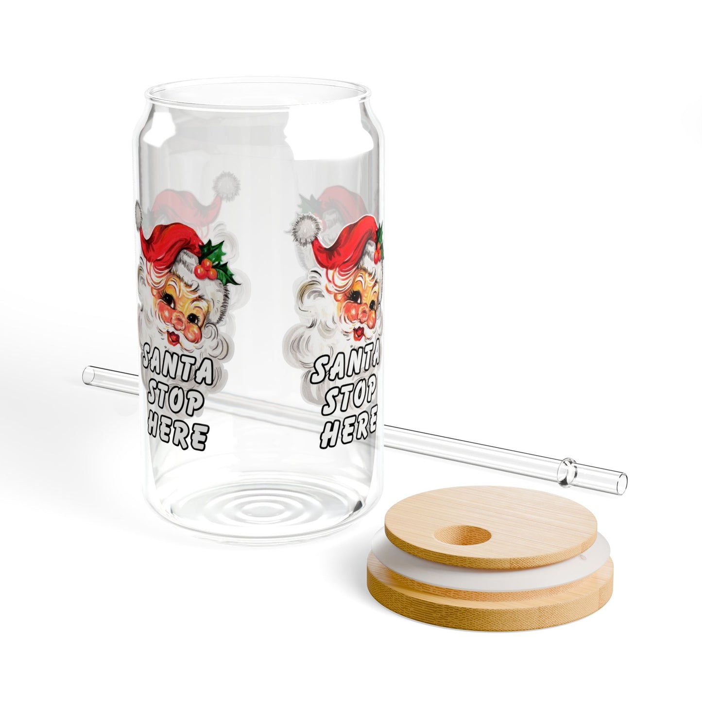 16 OZ Glass Sipper with Lid and Straw – "Santa Stop Here" – Vintage Santa Christmas Tumbler for Holiday Drinks – Reusable Glass Cup with Straw – Christmas Gift, Festive Drinkware