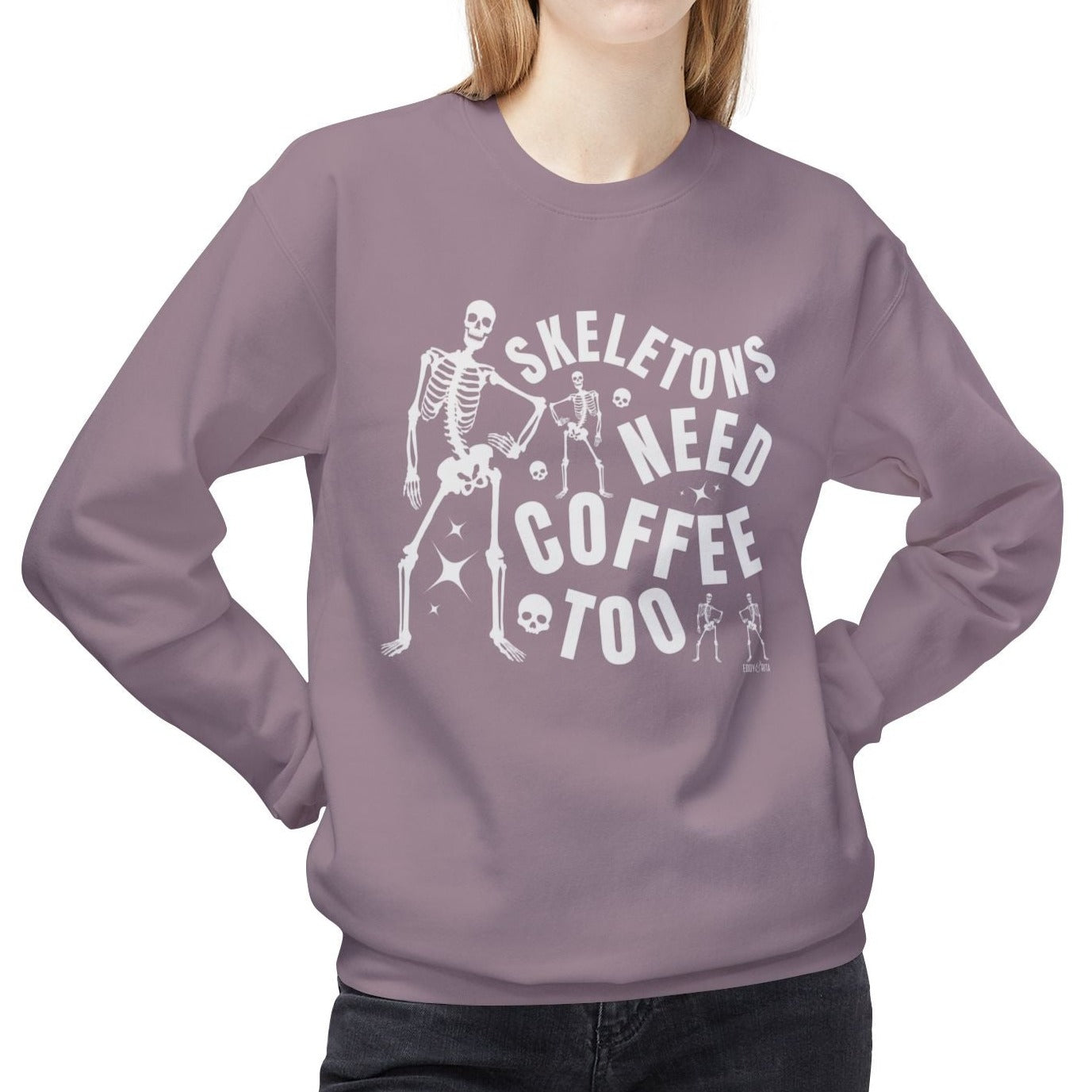 Eddy and Rita Women's Midweight Crewneck Sweatshirt - "Skeletons Need Coffee Too" Halloween Graphic Pullover