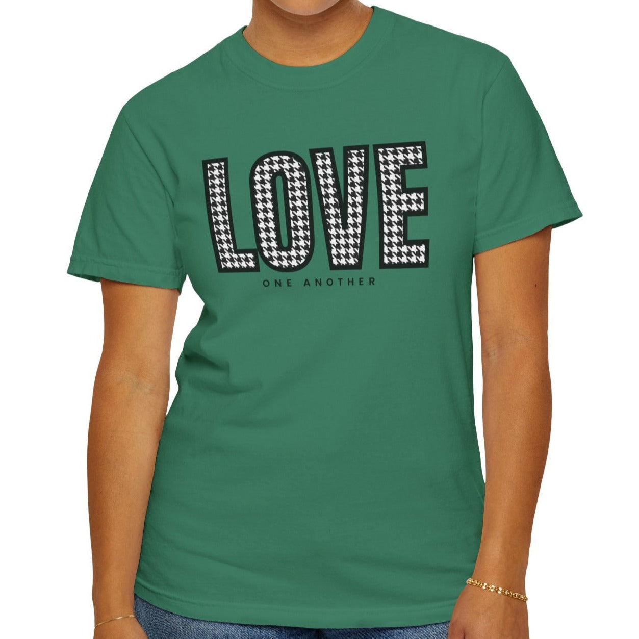 Love One Another Houndstooth Women's Comfort Colors Tee: Cozy Style with Inspirational Charm - Eddy and Rita