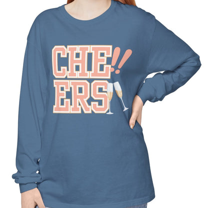 Comfort Colors Women's Cheers Long Sleeve Tee with Champagne Glasses Design - Eddy and Rita