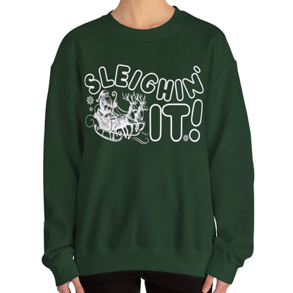 Women's Heavy Sweatshirt – "Sleighin It" Fun and Festive Christmas Graphic Sweatshirt