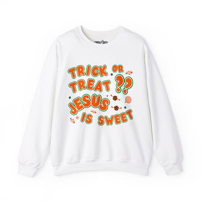 Eddy and Rita Women's Heavy Crewneck Sweatshirt - "Trick or Treat?? Jesus is Sweet" Halloween Graphic Pullover