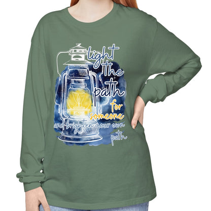 Women's Comfort Colors Long Sleeve Tee: 'Light the Path for Someone and Brighten Your Own Path' Inspirational Statement Shirt - Eddy and Rita