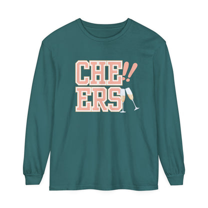 Comfort Colors Women's Cheers Long Sleeve Tee with Champagne Glasses Design - Eddy and Rita