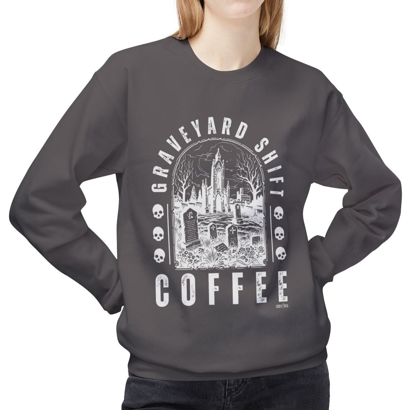 Eddy and Rita Women's Midweight Crewneck Sweatshirt - "Graveyard Shift Coffee" Halloween Graphic Pullover