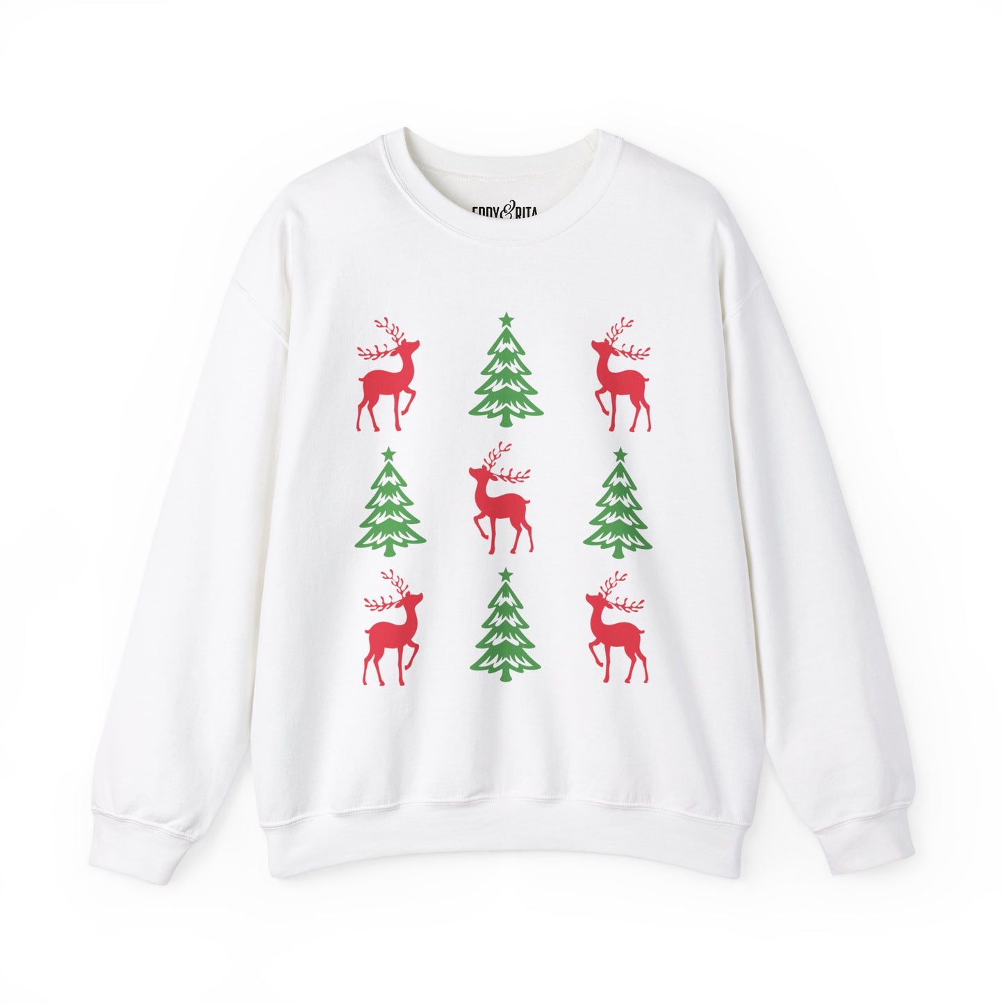 Women's Heavy Sweatshirt – "Christmas Tree Reindeers" Festive Holiday Graphic Sweatshirt