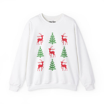 Women's Heavy Sweatshirt – "Christmas Tree Reindeers" Festive Holiday Graphic Sweatshirt