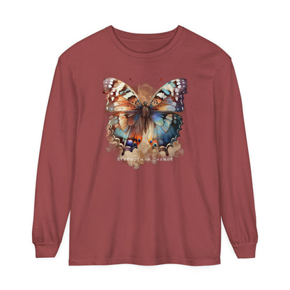 Women's Comfort Colors Long Sleeve Tee: 'Strength in Change' Butterfly - Eddy and Rita