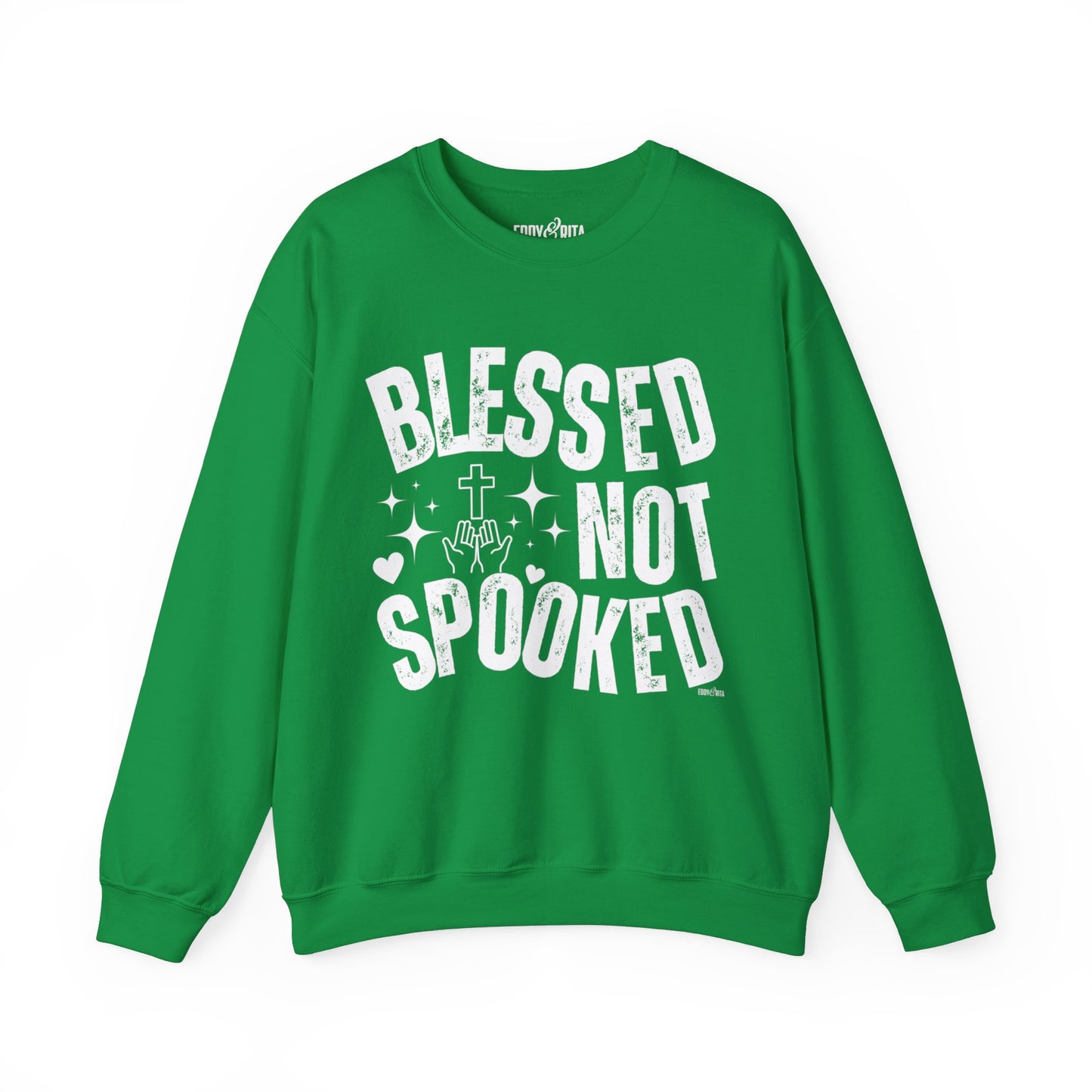 Eddy and Rita Women's Heavy Crewneck Sweatshirt - "Blessed Not Spooked" Christian Halloween Graphic Pullover