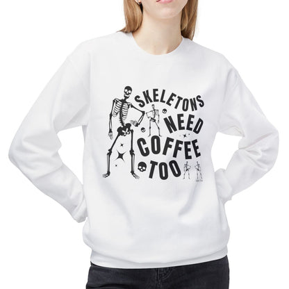 Eddy and Rita Women's Midweight Crewneck Sweatshirt - "Skeletons Need Coffee Too" Halloween Graphic Pullover