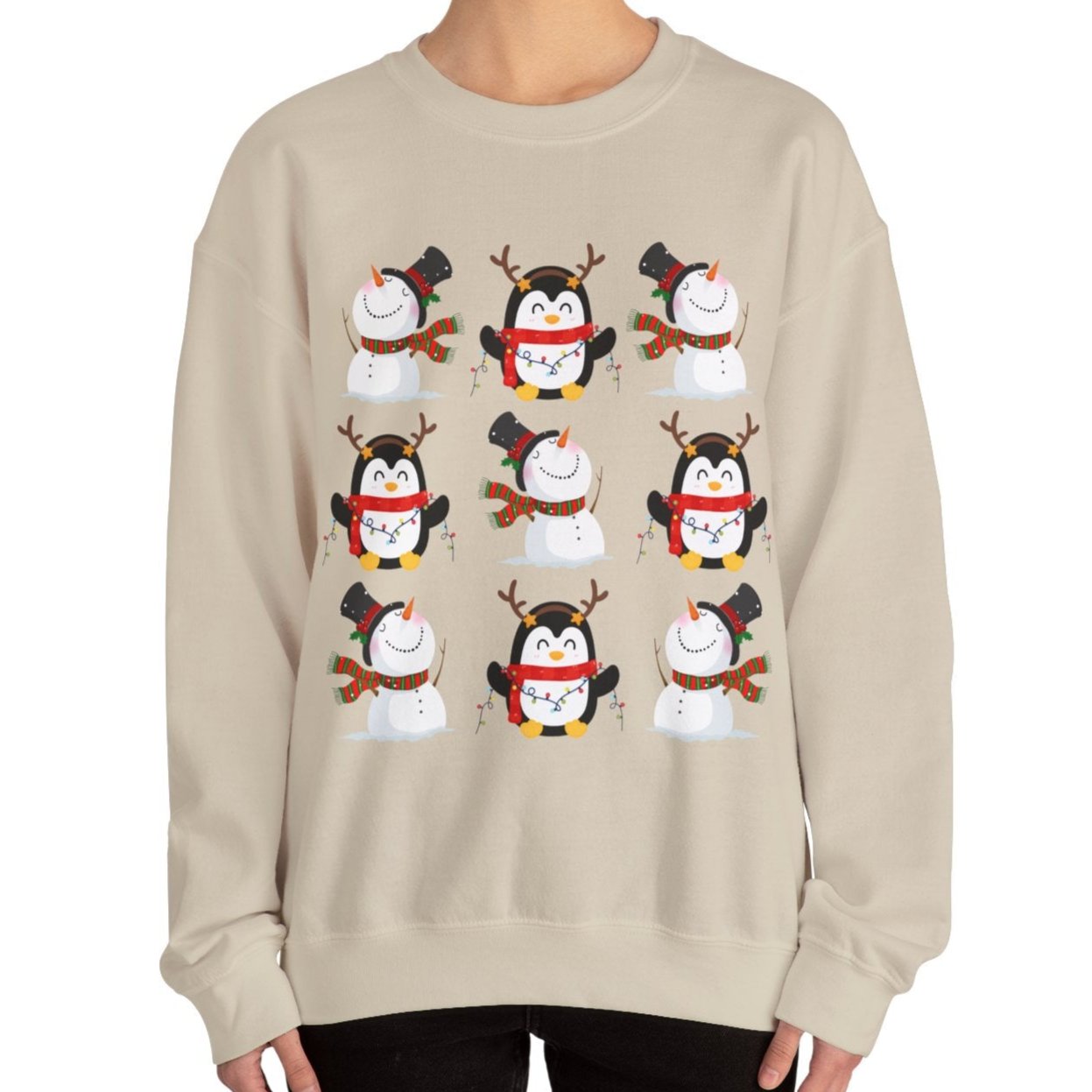 Women’s Heavy Sweatshirt – Snowmen and Penguins Pattern | Cozy and Festive Winter Pullover