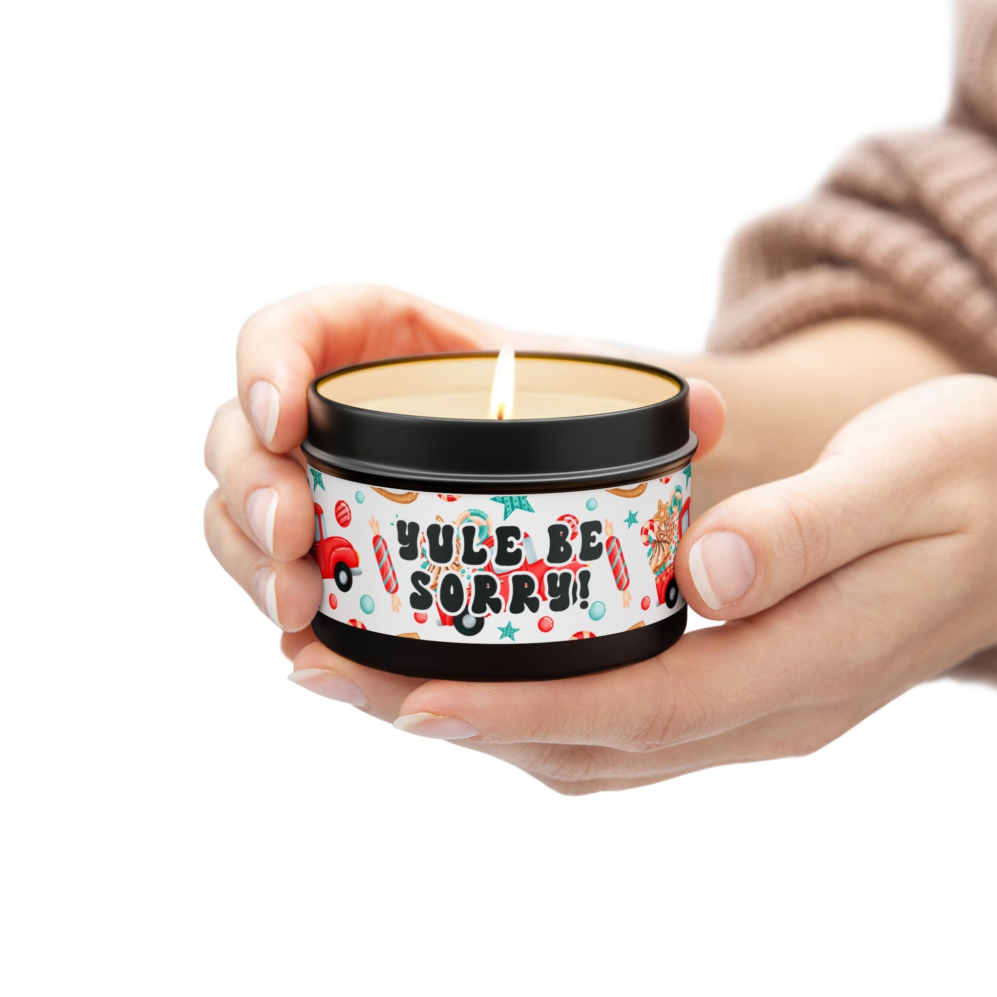 Coffee Scented Tin Candle – 4 oz | “Yule Be Sorry” Red Christmas Trucks Design | Fun and Festive Stocking Stuffer Gift