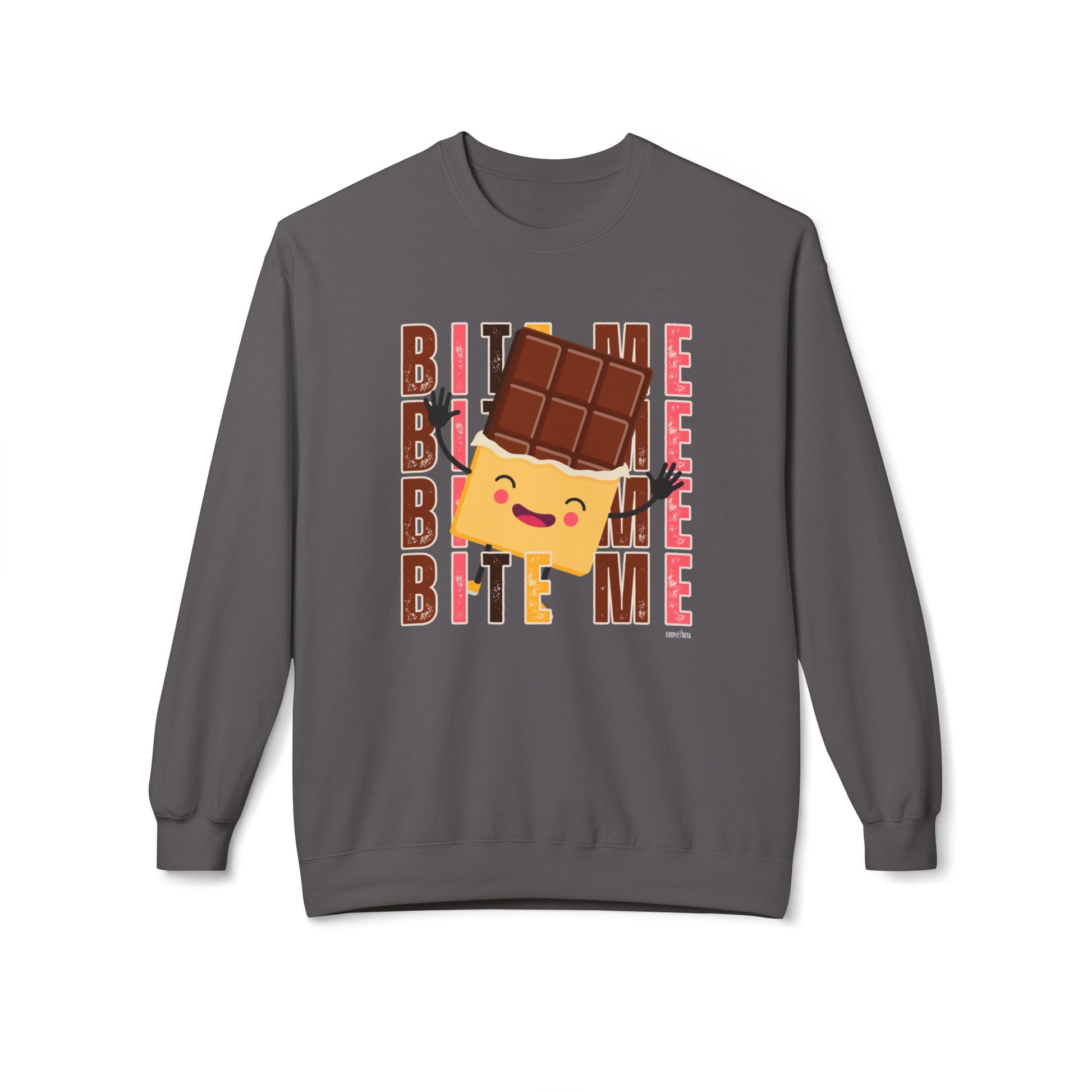 Eddy and Rita Women's Midweight Crewneck Sweatshirt - "Bite Me" Happy Chocolate Bar Graphic Pullover