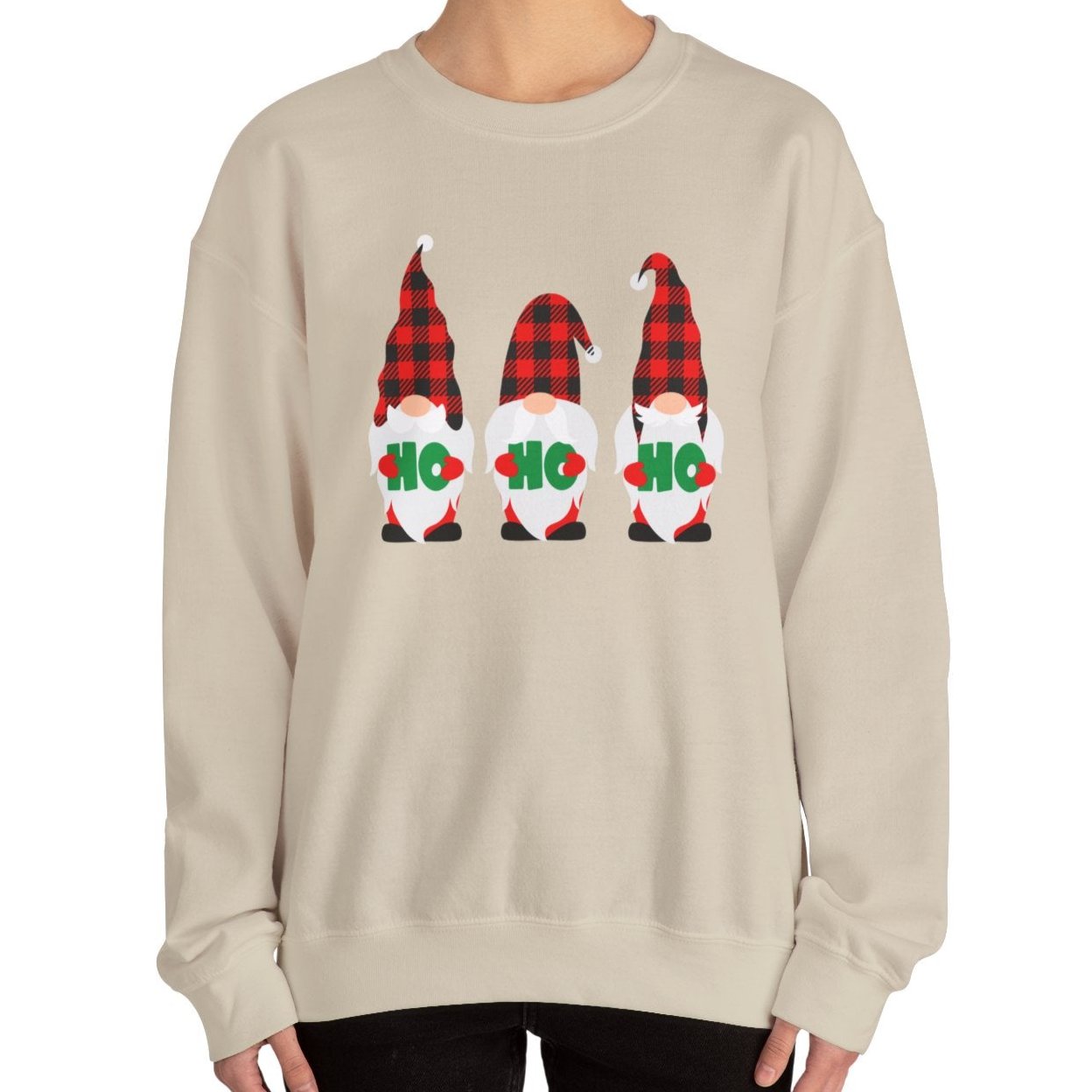 Ho Ho Ho with Three Red and Black Checked Gnomes Women's Sweatshirt - Festive Holiday Fashion