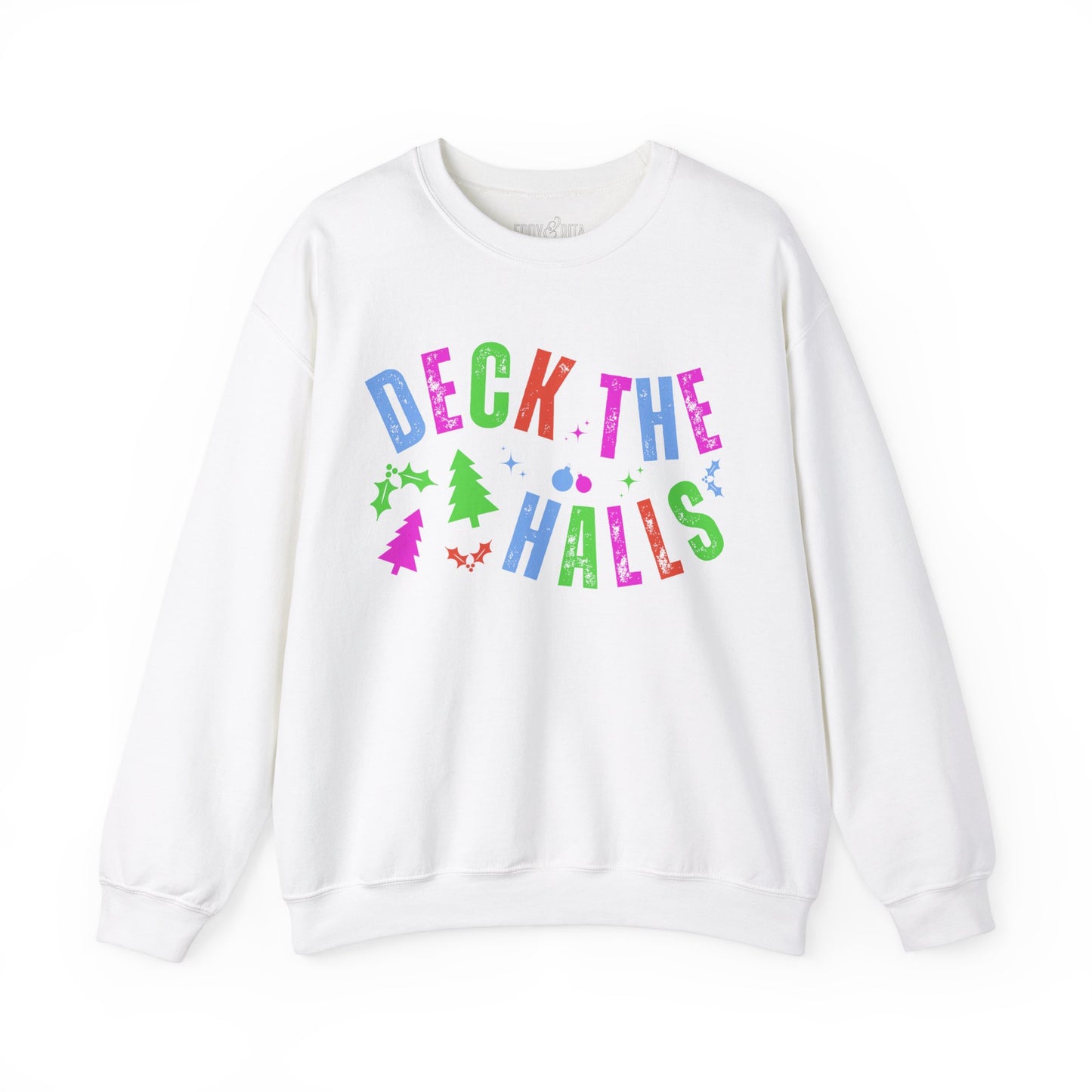 Women's Heavy Sweatshirt – "Deck the Halls" Festive Holiday Graphic Sweatshirt