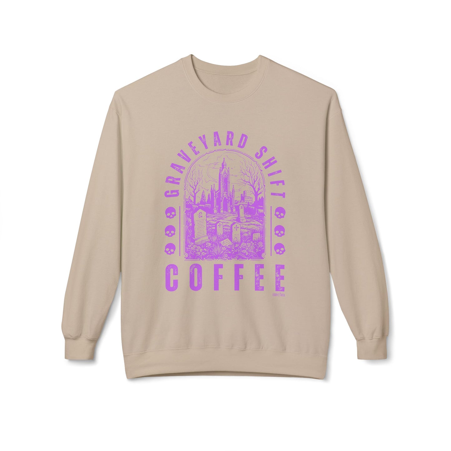 Eddy and Rita Women's Midweight Crewneck Sweatshirt - "Graveyard Shift Coffee" Halloween Graphic Pullover