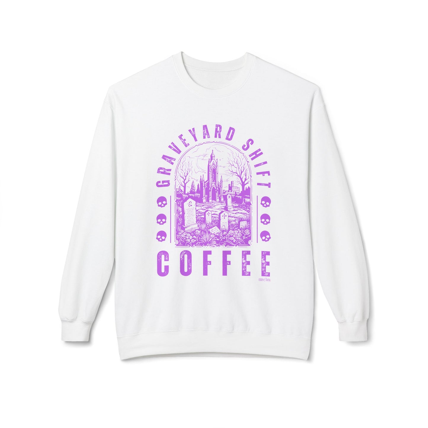 Eddy and Rita Women's Midweight Crewneck Sweatshirt - "Graveyard Shift Coffee" Halloween Graphic Pullover