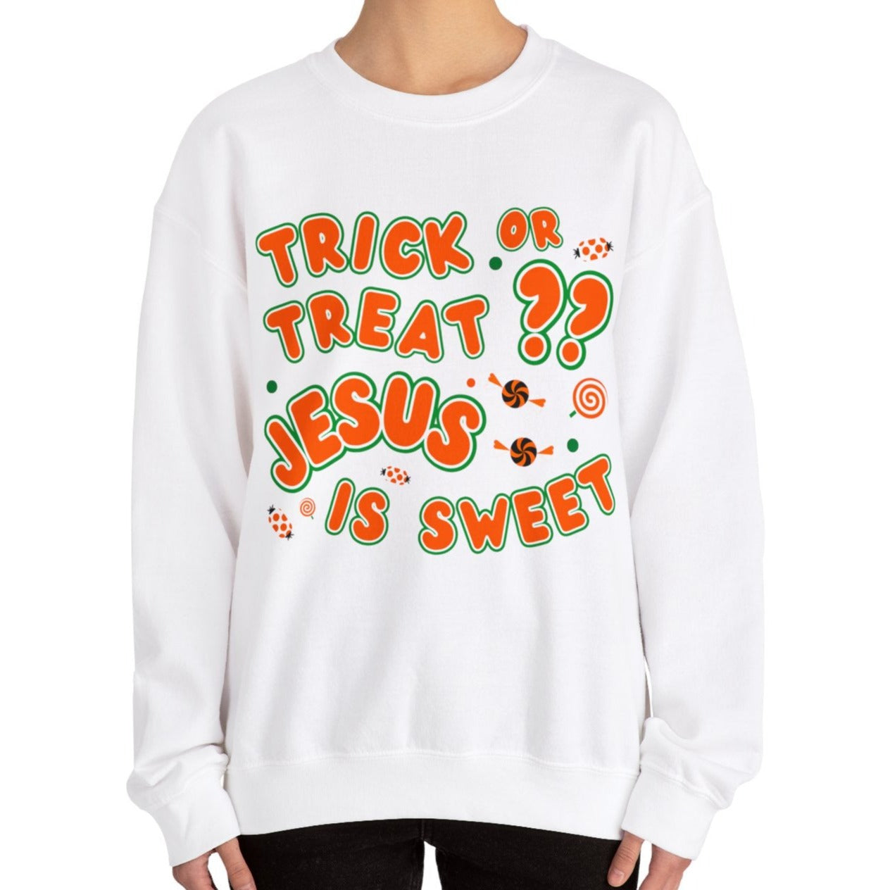 Eddy and Rita Women's Heavy Crewneck Sweatshirt - "Trick or Treat?? Jesus is Sweet" Halloween Graphic Pullover